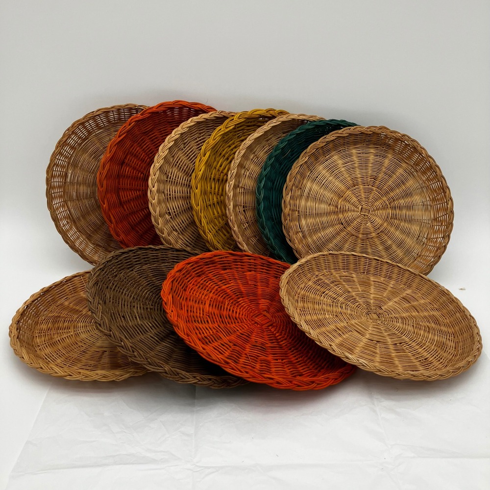 VTG Wicker Rattan Woven Paper Plate Holder 10" Multicolor Set of 11 Retro Picnic